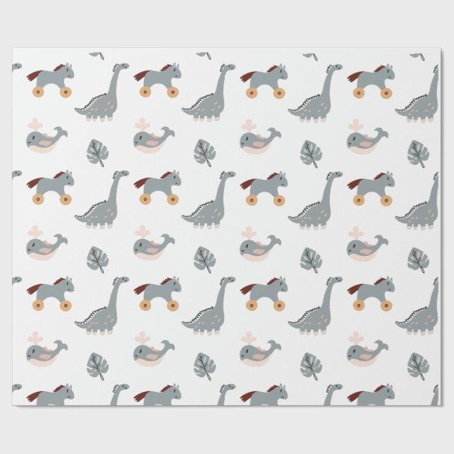 Niedliches Weißes Dino Leaf Kids Wrapping Paper Geschenkpapier (Flach)