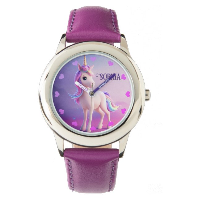 Niedliches weißes Einhorn mit rosa und blauem Mane Armbanduhr (Vorderseite)