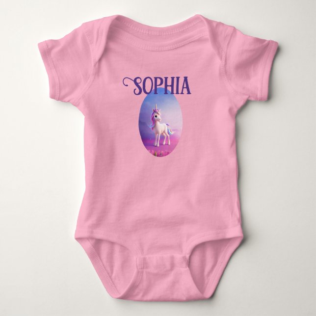 Niedliches weißes Einhorn mit rosa und blauem Mane Baby Strampler (Vorderseite)