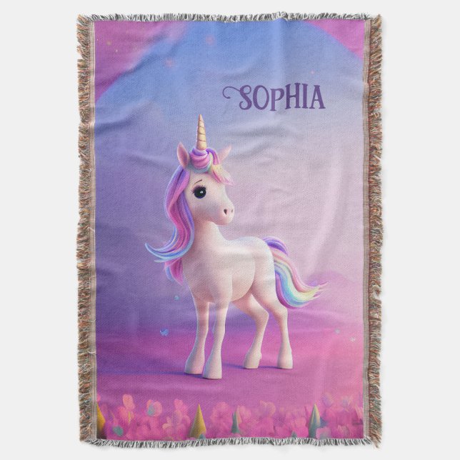 Niedliches weißes Einhorn mit rosa und blauem Mane Decke (Vorderseite Vertikal)