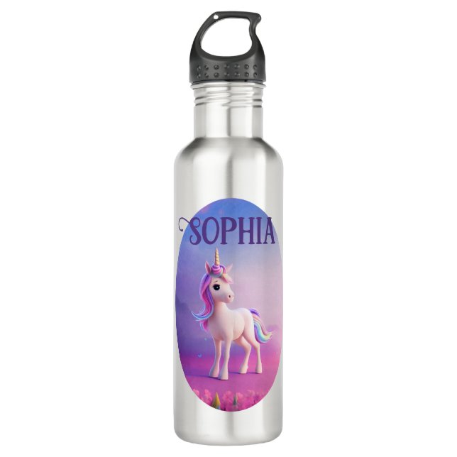 Niedliches weißes Einhorn mit rosa und blauem Mane Edelstahlflasche (Vorderseite)