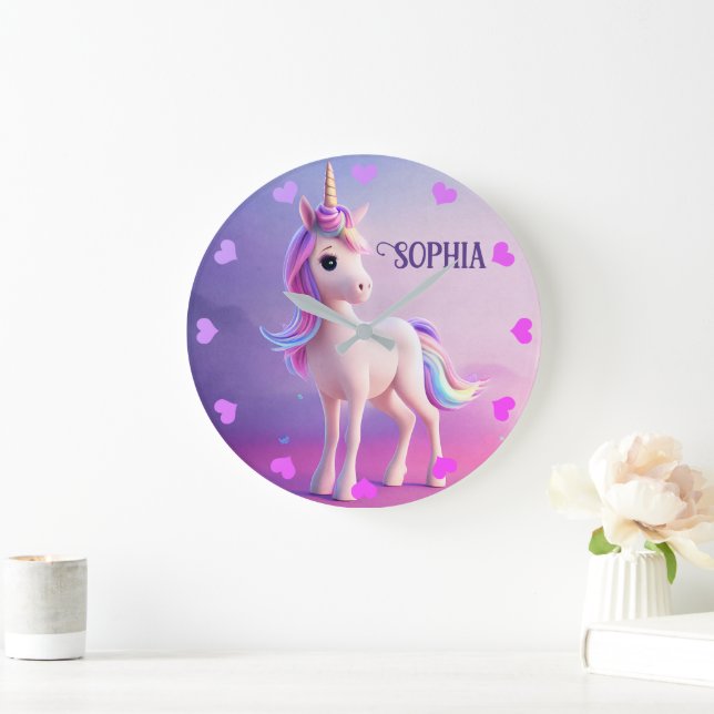 Niedliches weißes Einhorn mit rosa und blauem Mane Große Wanduhr (Zuhause)
