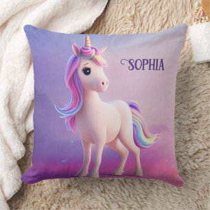 Niedliches weißes Einhorn mit rosa und blauem Mane Kissen