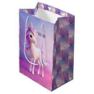 Niedliches weißes Einhorn mit rosa und blauem Mane Mittlere Geschenktüte