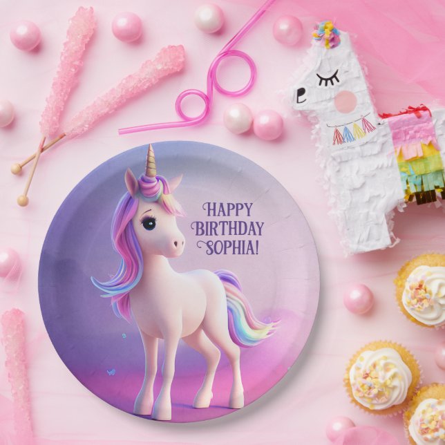 Niedliches weißes Einhorn mit rosa und blauem Mane Pappteller (Party)