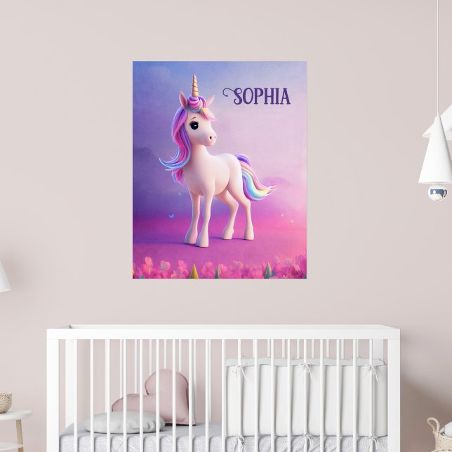 Niedliches weißes Einhorn mit rosa und blauem Mane Poster (Kinderzimmer 2)