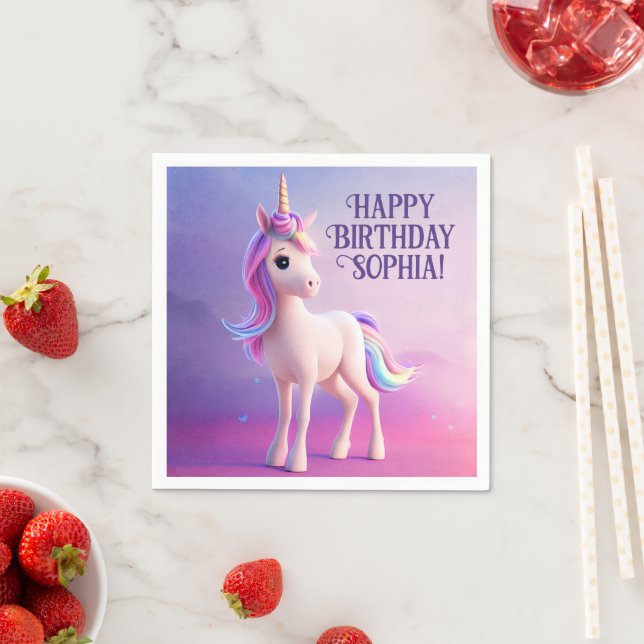 Niedliches weißes Einhorn mit rosa und blauem Mane Serviette (Beispiel)