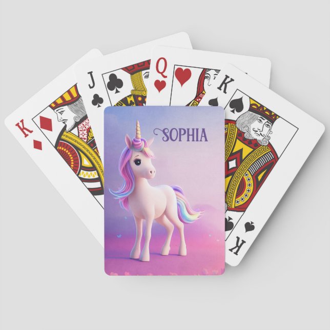 Niedliches weißes Einhorn mit rosa und blauem Mane Spielkarten (Rückseite)