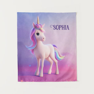 Niedliches weißes Einhorn mit rosa und blauem Mane Wandteppich