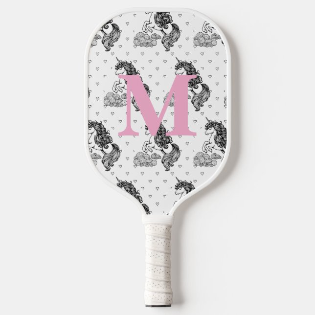 Niedliches weißes Einhornmuster Kids Monogramm Pickleball Schläger (Vorderseite)