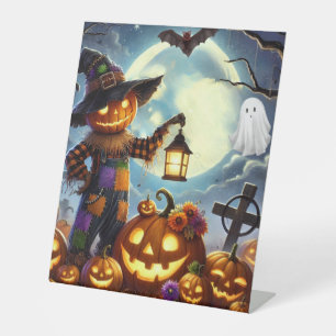 Niedliches, weißes Halloweenschaukeln und Kürbisse Sockelschild