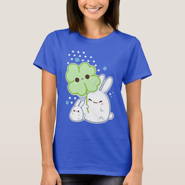 Niedliches weißes Häschen mit kawaii Klee T-Shirt (Vorderseite)