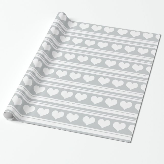 Niedliches weißes Herz Stripes Muster-Grau Geschenkpapier (Ungerollt)