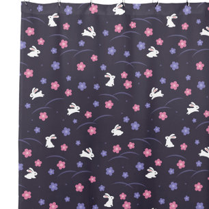Niedliches Weißes Kaninchen und Blume Muster Duschvorhang