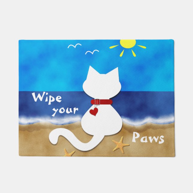 Niedliches weißes Katzen-Strand-Thema-Abwischen Fußmatte (Vorderseite)
