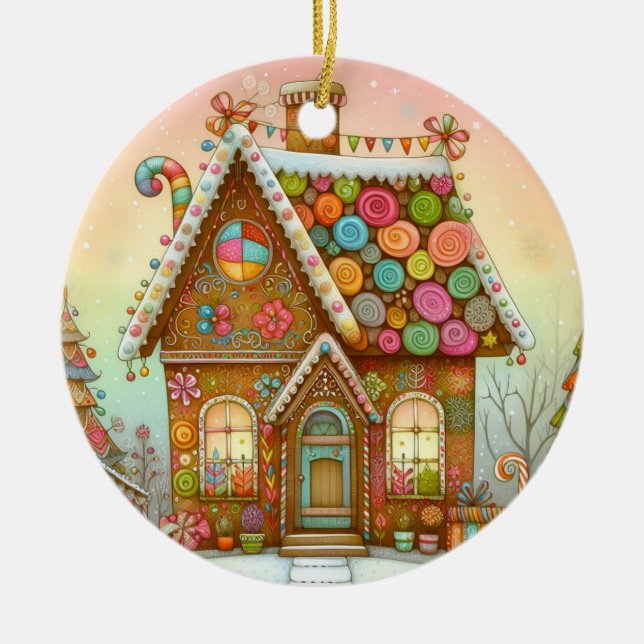 Niedliches, weißes Lebkuchenhaus Keramik Ornament (Vorne)