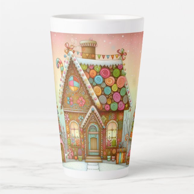 Niedliches, weißes Lebkuchenhaus Milchtasse (Vorderseite)