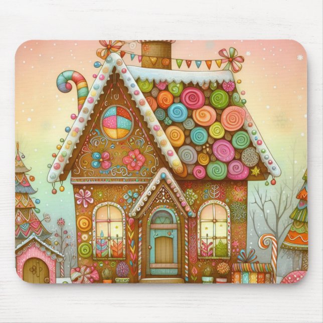 Niedliches, weißes Lebkuchenhaus Mousepad (Vorne)