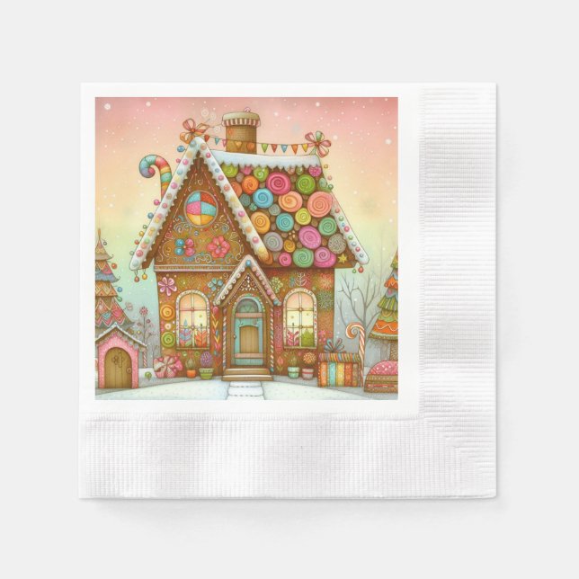 Niedliches, weißes Lebkuchenhaus Serviette (Vorderseite)