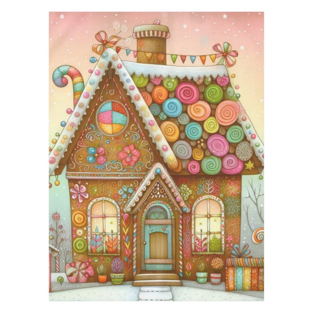 Niedliches, weißes Lebkuchenhaus Tischdecke (Vorderseite)