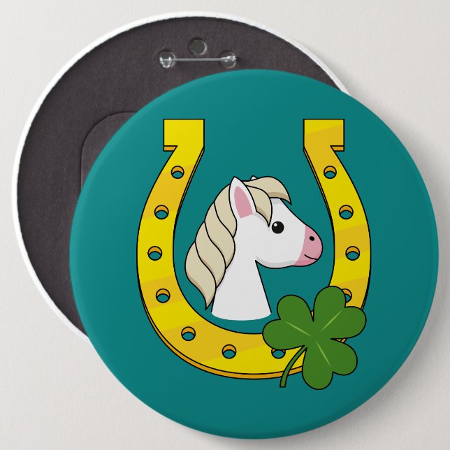 Niedliches Weißes Pferd mit Golden Horse Shoe, Kle Button (Vorne & Hinten)