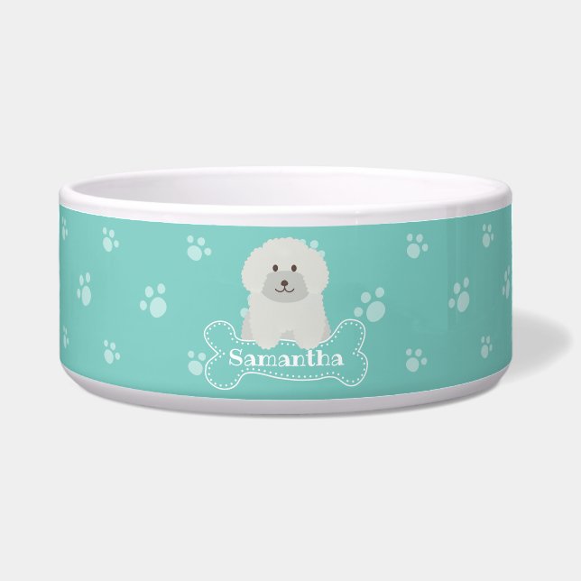 Niedliches weißes Puppy-Dog Aqua Monogramm Napf (Vorderseite)