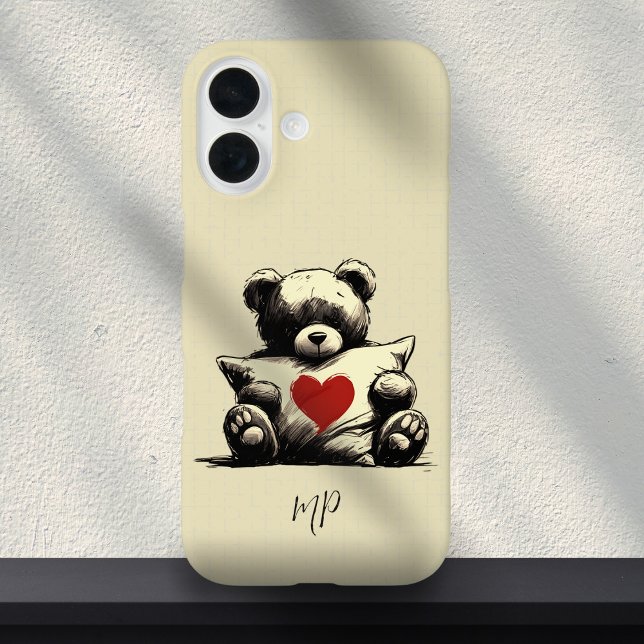 Niedliches weißes Teddybären-Hug-Kissenherz-Monogr iPhone 16 Hülle (Von Creator hochgeladen)
