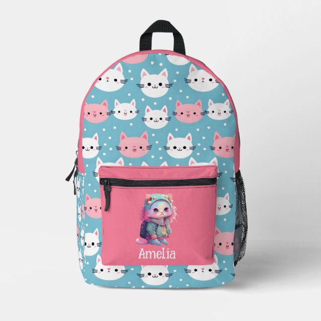 Niedliches weißes und rosa Katzenmuster - Backpack Bedruckter Rucksack (Vorderseite)