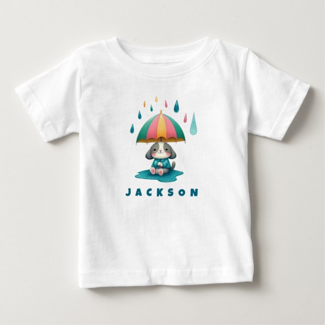 Niedliches Welpe mit Regenschirm im Puddle Baby T-shirt (Vorderseite)