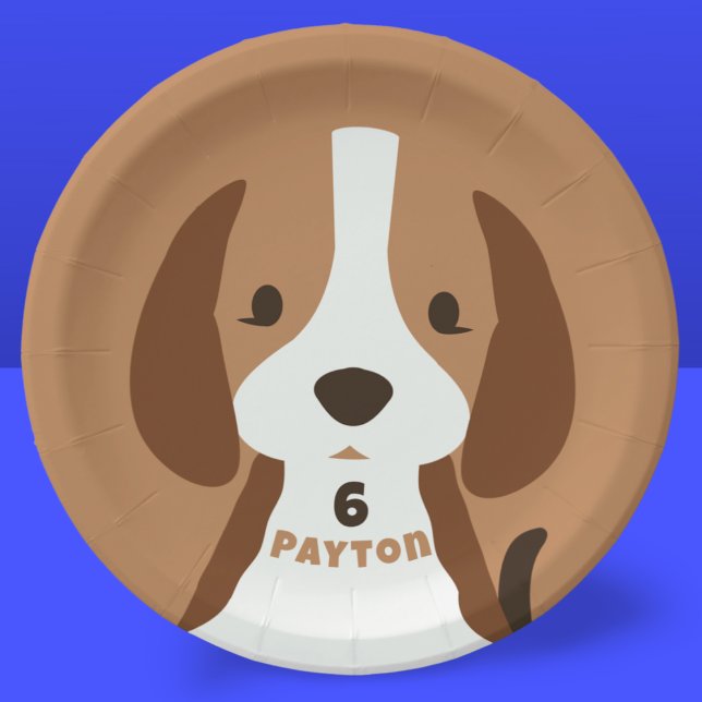 Niedliches Welpenhundealter und Namensgeber für di Pappteller (cute puppy dog paper party plate with custom name and age)