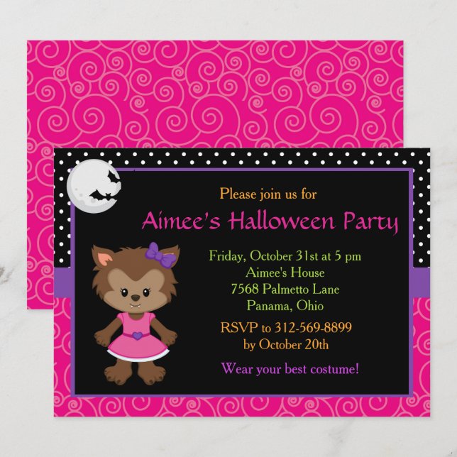 Niedliches Werewolf-Girl-Halloween-Party Einladung (Vorne/Hinten)