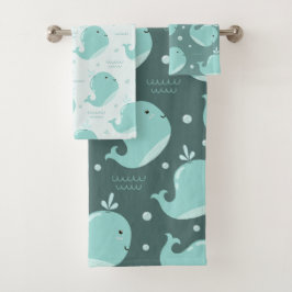 Niedliches Whale Muster auf Aquamarinem Blue Kids Badhandtuch Set