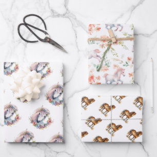 Niedliches Whimsical Horse Pony Floral Wasserfarbe Geschenkpapier Set