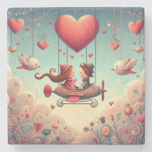 Niedliches whimsical Valentin's Day Herz Flugzeug Steinuntersetzer (Vorderseite)