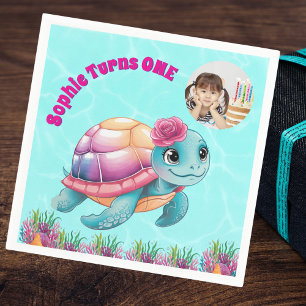 Niedliches Whimsisches Foto Floral Sea Turtle Gebu Serviette