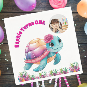 Niedliches Whimsisches Foto Floral Sea Turtle Gebu Serviette