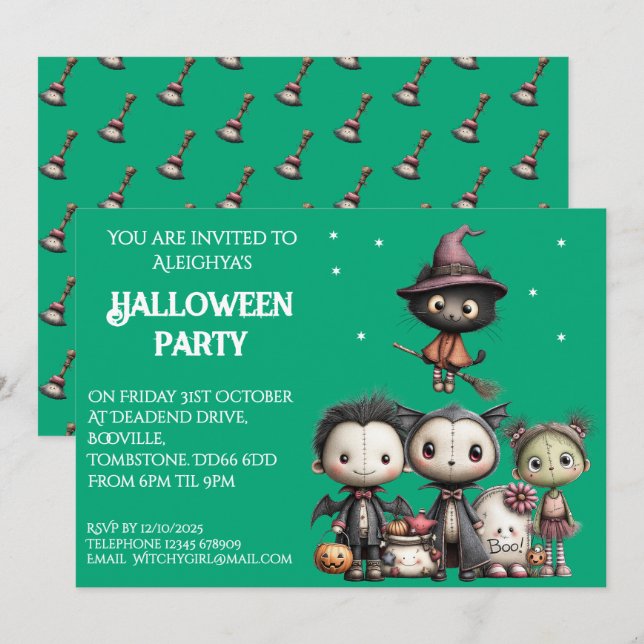 Niedliches Whimsisches Halloween-Party Einladung (Vorne/Hinten)