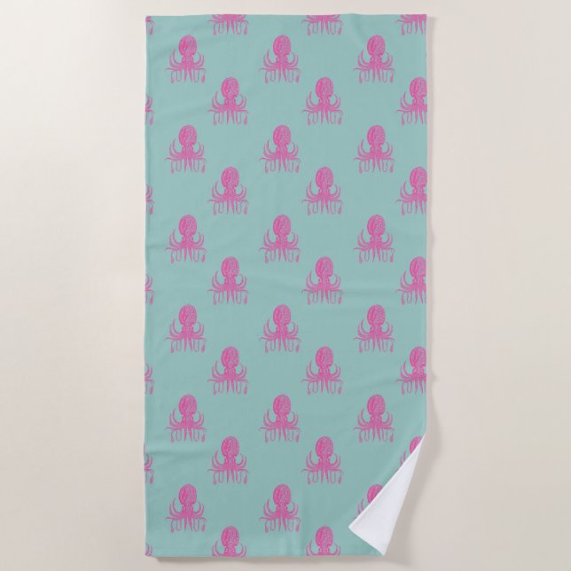Niedliches Whimsisches Octopus-Muster Aqua Blau un Strandtuch (Vorderseite)
