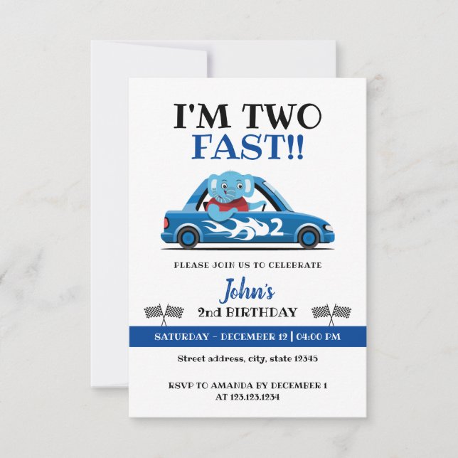 Niedliches White & Blue Race Car Zwei Fast 2. Gebu Einladung (Vorderseite)