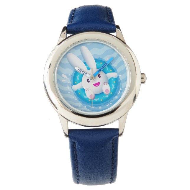 Niedliches White Bunny Pool Party Armbanduhr (Vorderseite)