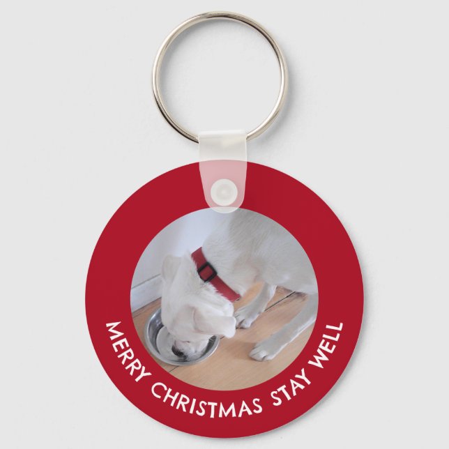 Niedliches White Dog Foto Gesund froh Weihnachten  Schlüsselanhänger (Vorderseite)