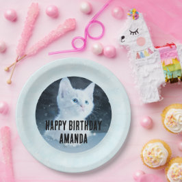 Niedliches White Kitten Foto zum Geburtstag Pappteller