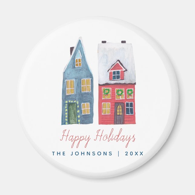 Niedliches Winter House Village Blue Red Christmas Magnet (Vorne)