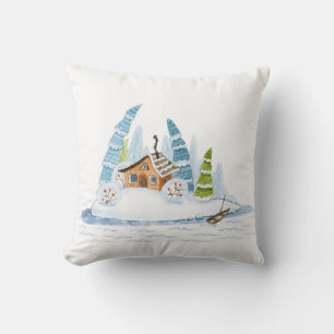 Niedliches Winterhaus Weihnachtswasserfarbe Kissen