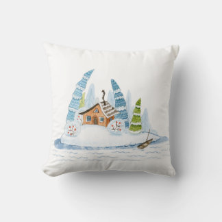 Niedliches Winterhaus Weihnachtswasserfarbe Kissen
