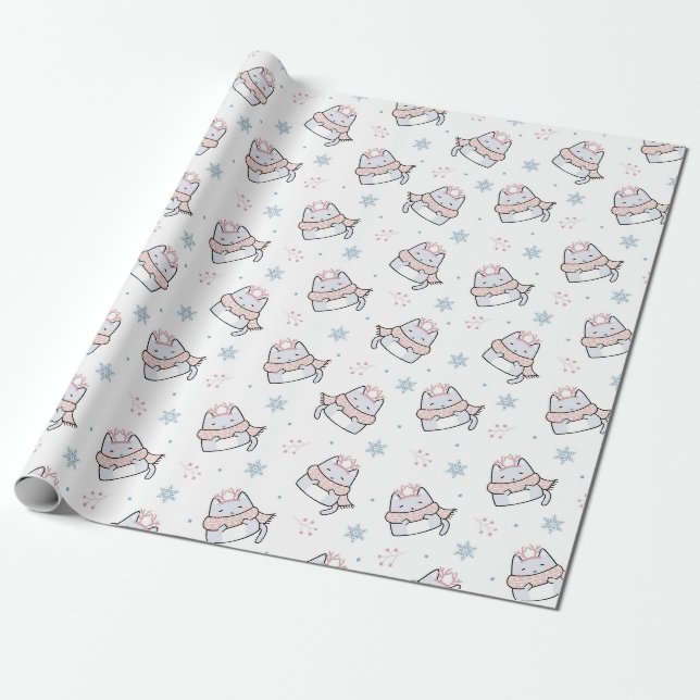 Niedliches Winterkatzenmuster mit Skarabäen und Sc Geschenkpapier (Ungerollt)