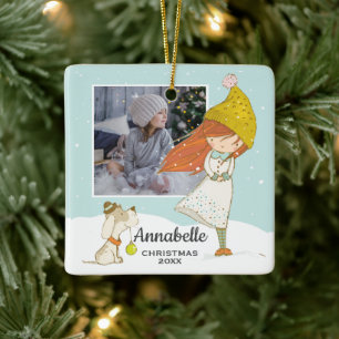 Niedliches Wintermädchen und Hundeillustration-Fo Keramikornament