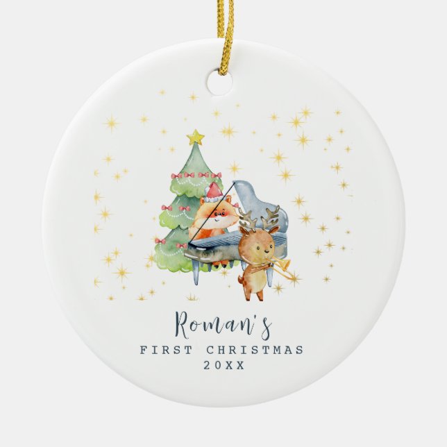 Niedliches Woodland Animals Baby's First Christmas Keramik Ornament (Vorne)