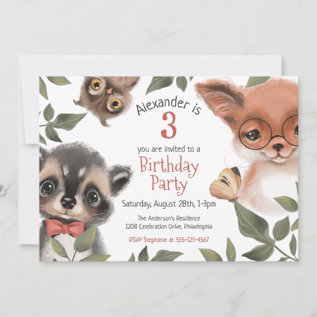 Niedliches Woodland Animals Kinderkind's 3. Geburt Einladung (Vorderseite)