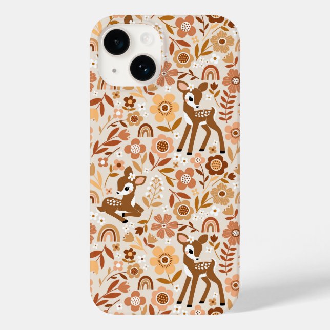 Niedliches Woodland Baby Deer Blumenmuster Case-Mate iPhone 14 Hülle (Rückseite)